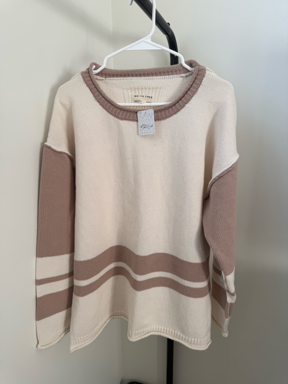 We The Free Cream & Taupe Contrast-Stripe Scoop Neck Sweater